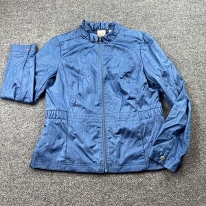 E.P Pro Blue Nylon Zip Windbreaker Jacket Womens M Ruffle Collar Elastic Waist